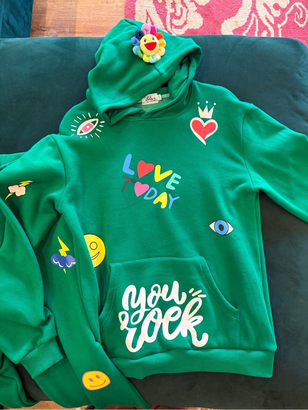 Lola + The Boys Green "Love Today" Graphic Hoodie with Multicolor Icons